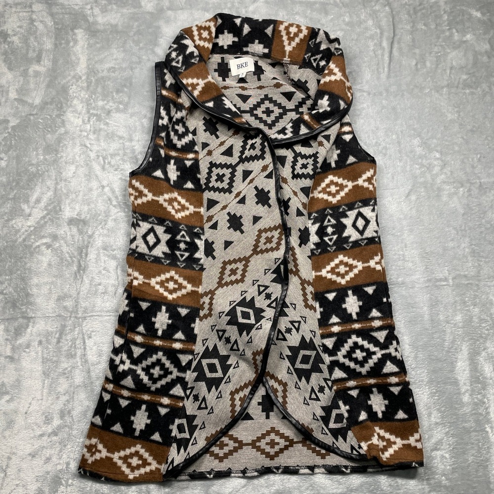 BKE Vest Womens Medium Brown Geometric Aztec Print Faux Leather‎ Trim Open Front